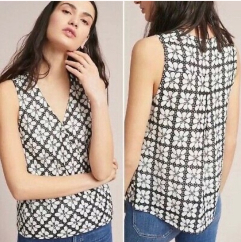 Anthropologie Maeve Women Coralie Black White Floral Eyelet Lace Faux Wrap Top 6